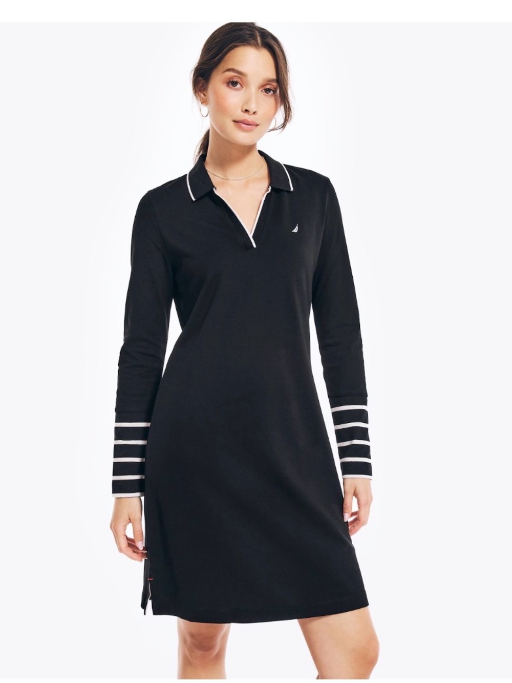 Nautica Black Polo-Style Long Sleeve Dress with White Trim